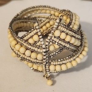 Cream and Tan Beaded Boho Cuff Bracelet